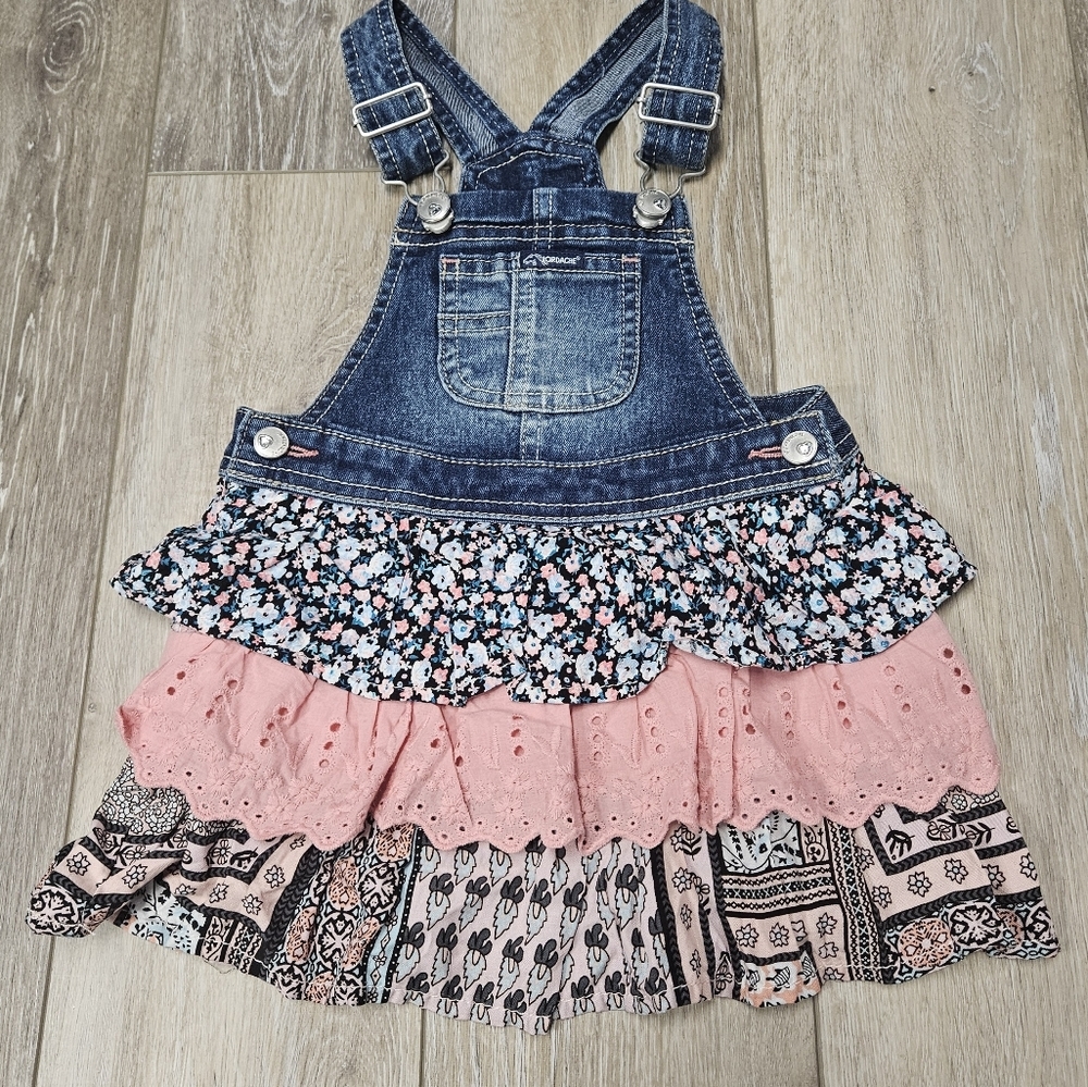 Jordache Vestback Denim Floral Ruffle Overall Dress Kids Toddlers Infants 3T